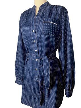 VTG 70s Schrader Sport Long Sleeve Navy & White Mini Polka Dot Half Button Dress